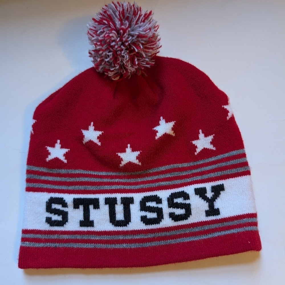 Stussy Red and White Beanie with Pom Pom In EUC